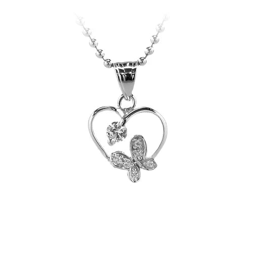 Heart Pendant in Silver butterfly Flat Heart Cubic Zirconia Pendant Sterling Silver 925 for Necklace