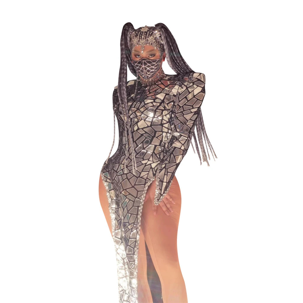 Designer Shoulder Pads Silver Sequin High Slit Club Party Long Dress Singer Performance Wear Women Stage Costumes Prom Dress