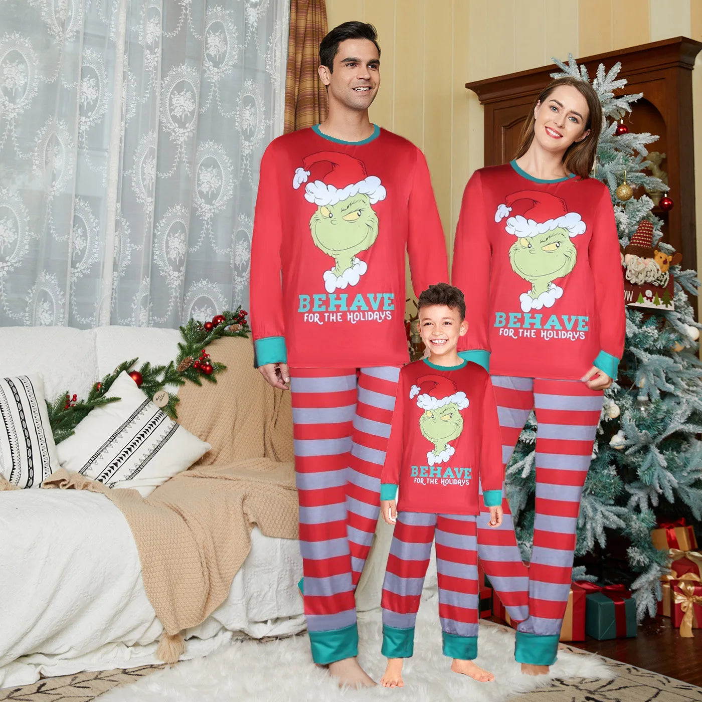 Drop Shipping Xmas Santa Hats Print Matching Christmas Pjs Family Sleepwear Set Long Sleeve Pullover Tops and Printed Pants