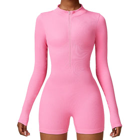 Thread Elasticity One Piece Bodysuit for Women Running Sports Ribbed Jumpsuit Front Zip Long Sleeve Jumpsuit for Women
