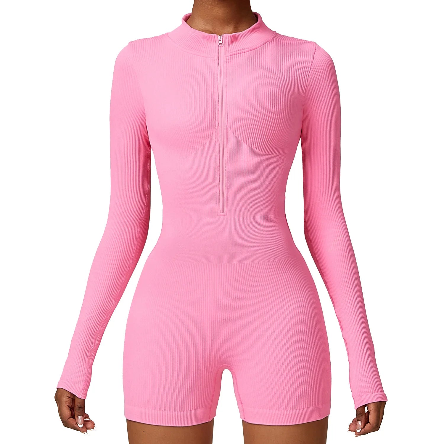 Thread Elasticity One Piece Bodysuit for Women Running Sports Ribbed Jumpsuit Front Zip Long Sleeve Jumpsuit for Women