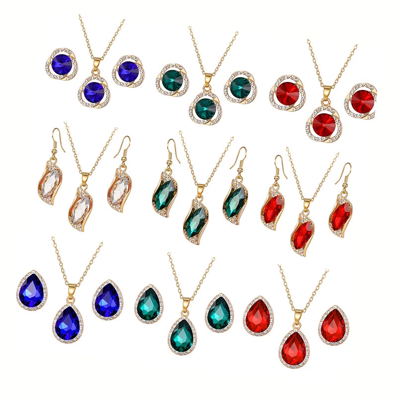 VKME Retro Style Colorful Green Gemstone Earrings Necklace Jewelry Set for Women Jewelry Wholesale