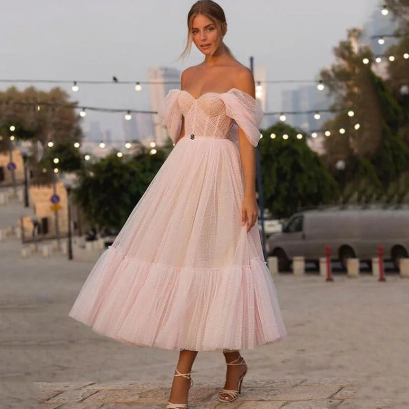 11635#Blush Pink Off the Shoulder Dot Tulle Short Wedding Dress a Line Sweetheart Elegant Tea Length Bride Gown Party Dresses
