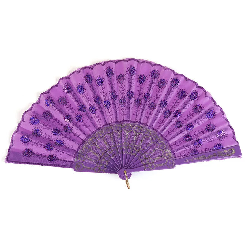 Fashion Cloth Peacock Pattern Sequins PP Hot Stamping Plastic Bone Tassel Handfan Nice Sex Lace Hand Fan for Wedding Gift