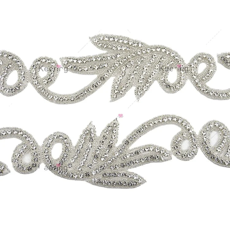 WRA-714 Keering Crafted Iron-on Crystal Rhinestones Trim Chain Applique Patches for Wedding Dresses & Clothes Made Mesh Fabric
