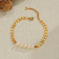 Fashion Elegant Natural Freshwater Pearl Stainless Steel Gold Plated Ear of Wheat Bracelet