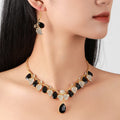 Fashion Choker Leaf Carved Blue Crystal Necklace Water Drop Earring Rhinestone Necklace Earrings Set for Women Jewelry Set