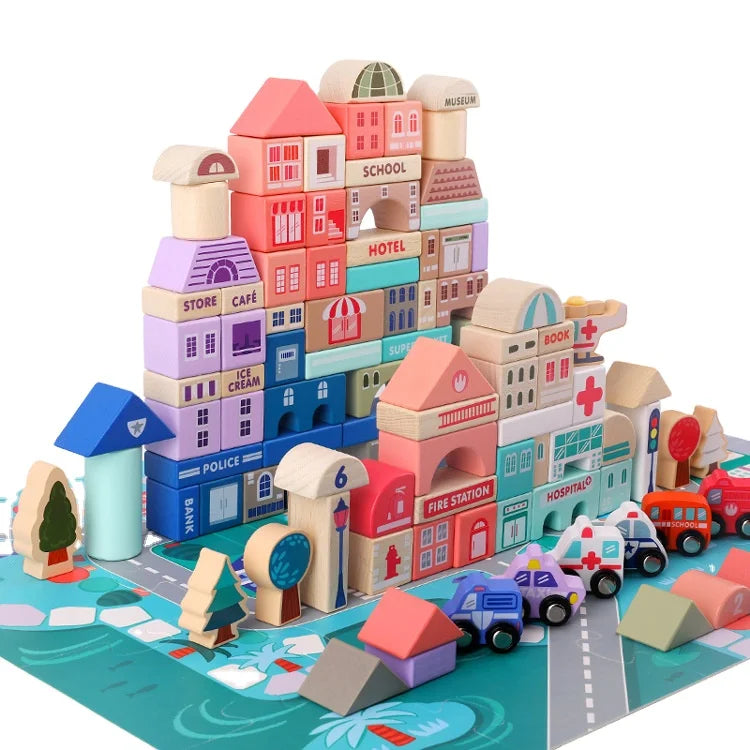 115 Pcs Educational Wooden City Transportation Building Blocks Customized Scenes Geometric Shape Assembled Building Blocks