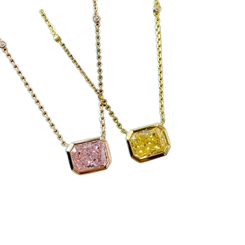 925 Sterling Silver Iced Flower 8A CZ Rectangle Pendant 2ct Pink Yellow Diamond Necklace Luxury High Carbon Christian Wedding