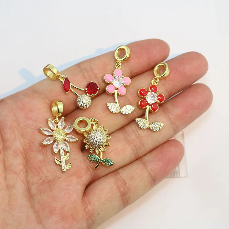 CZ9099 European Style 18k Gold Plated Enamel CZ Sunflower Sun Rose Flower Floral Dangle Charms Bail Beads for Bracelet Making