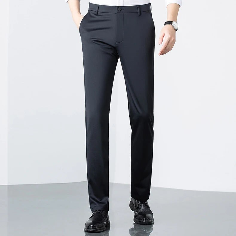 Men's Business Casual Pants Spring Autumn Ice Silk Thin Section Solid Color Non-Iron Suit Pants Stretch Slim Plus Size