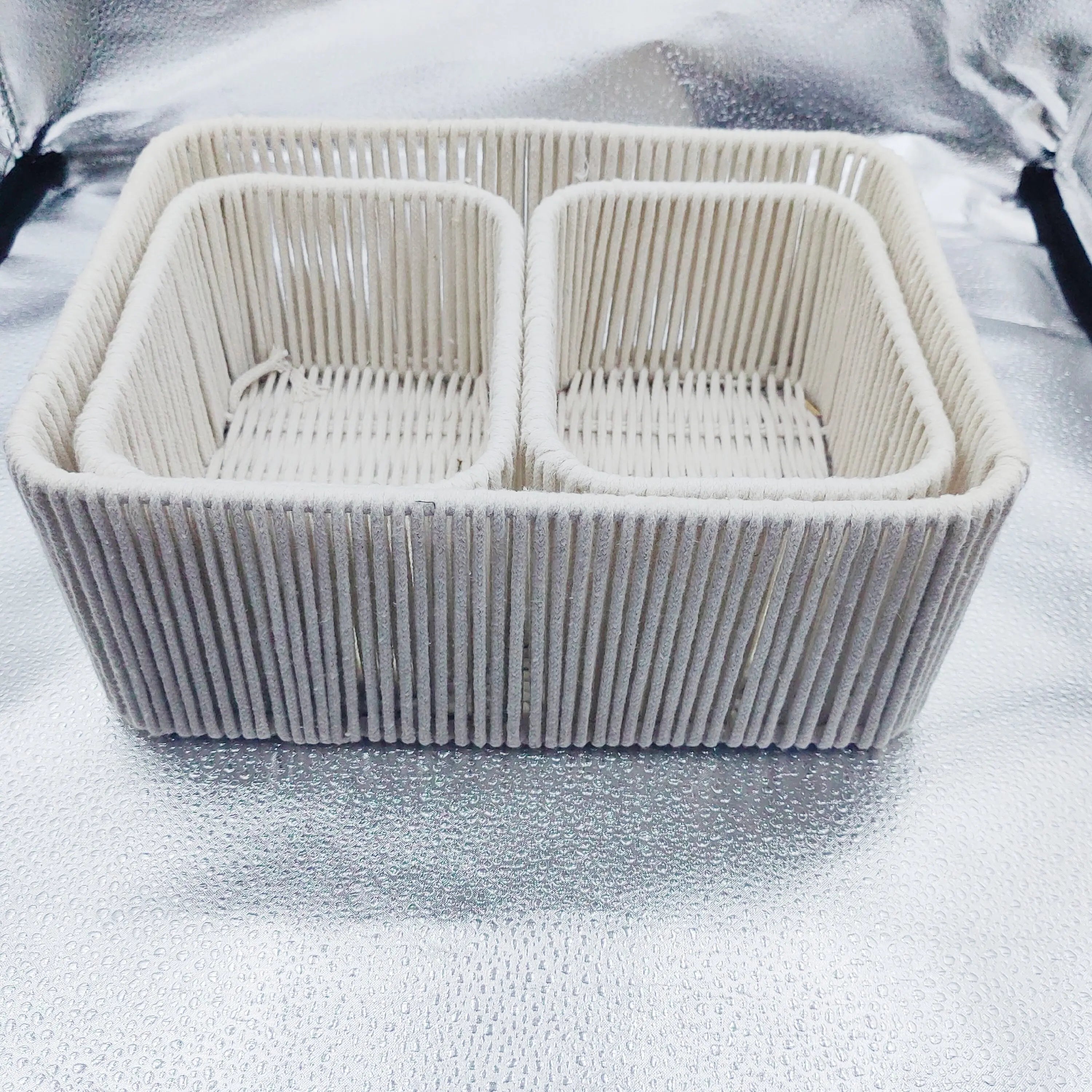 Nordic Style Hand Woven Thick Cotton Eco-Friendly Multifunction Storage Basket Rectangle Shape Iron Frame for Desktop Cosmetics