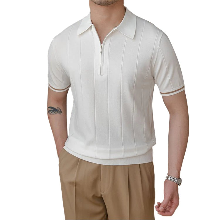 Summer Breathable Solid Color Knit Pullover Turn-down Collar Zip Short Sleeve Knit Sweater Knitted Sweater Pullover for Men