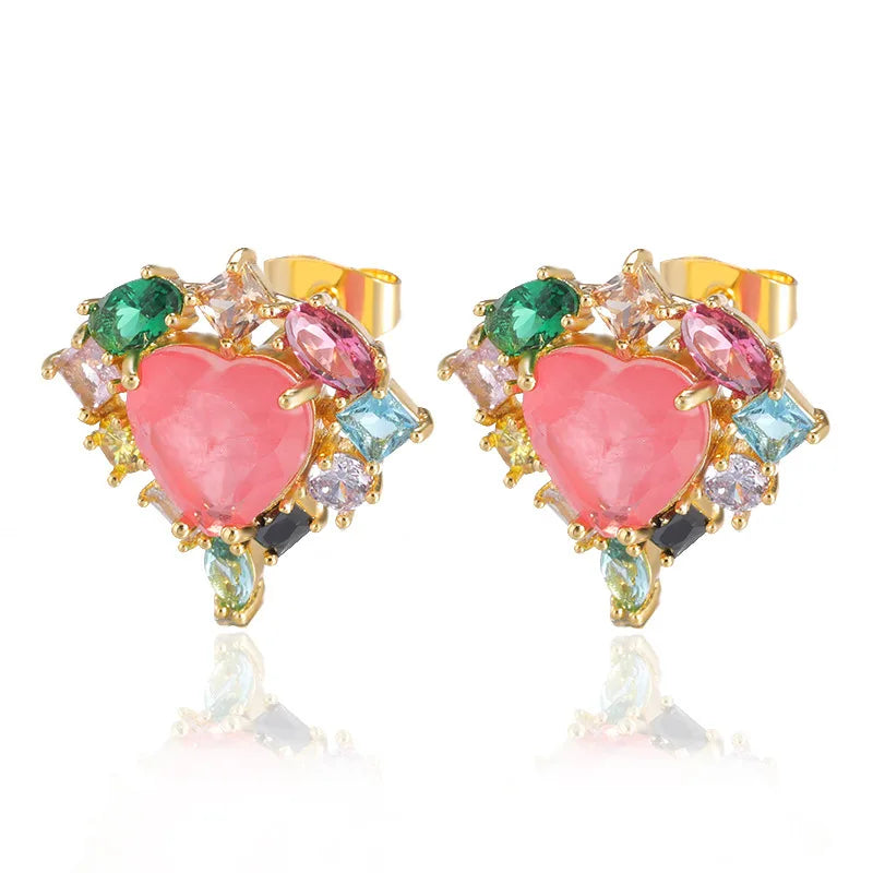 Trendy Elegant Women Friend Gift  Crystal Small Peach Heart Earring Cubic Zircon Circle  Stud Earrings