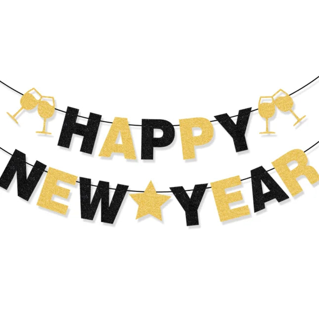 Pafu 2025  New Years Eve Party Decoration New Years Sign with Champagne Glass & Star Glitter Black & Gold Happy New Year Banner