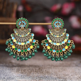 Vintage Peacock Drop Earrings for Women Bohemia Fan Shape Beads Tassel Earrings Ethnic Jhumka Indian Earrings (KER821)