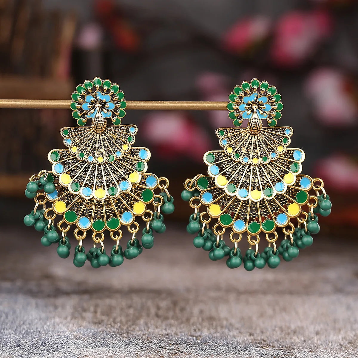 Vintage Peacock Drop Earrings for Women Bohemia Fan Shape Beads Tassel Earrings Ethnic Jhumka Indian Earrings (KER821)