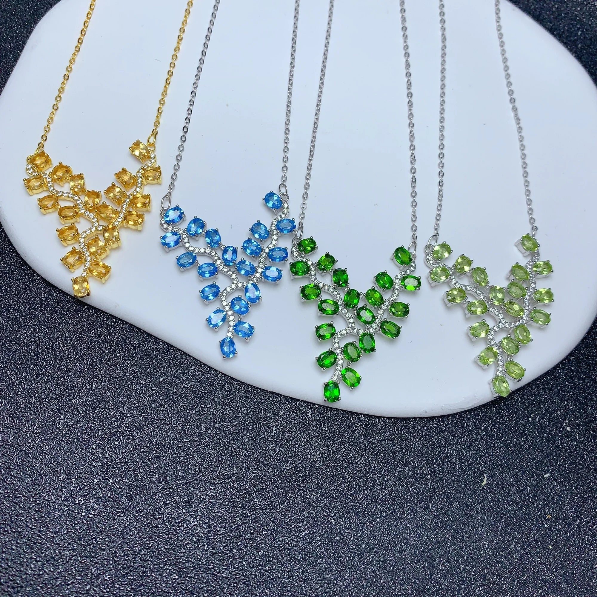 925 Sterling Silver Women's Charm Natural Topaz Gemstone with Leaf Enamel Gold Plated Pendant Necklace Good Price