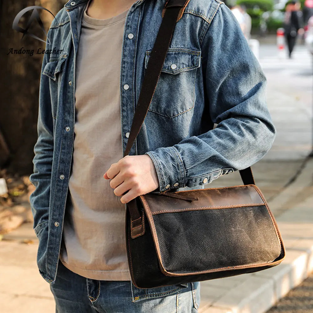 AndoBag Shoulder Messenger Bags for Men Crazy Horse Leather Cowhide Vintage Men's Crossbody Bag