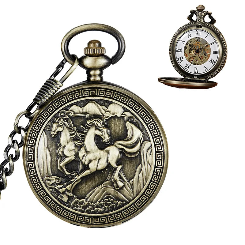 Mixed 5 Models Antique Classic Embossed Mechanical Watch with Roman Horse Design Zinc Alloy Case Round Dial Black Paper Box