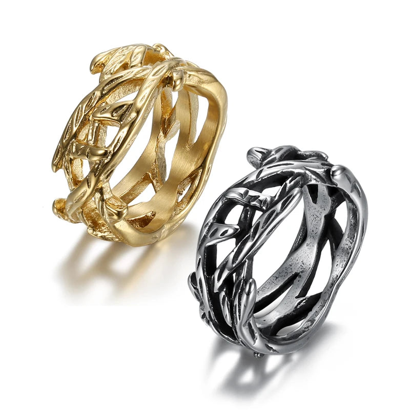 New Fashion Simple Golden Jesus Crown Thorns Olive Branch Ring European and American  Classic Hollow Thorn Crown Men's Punk Ring