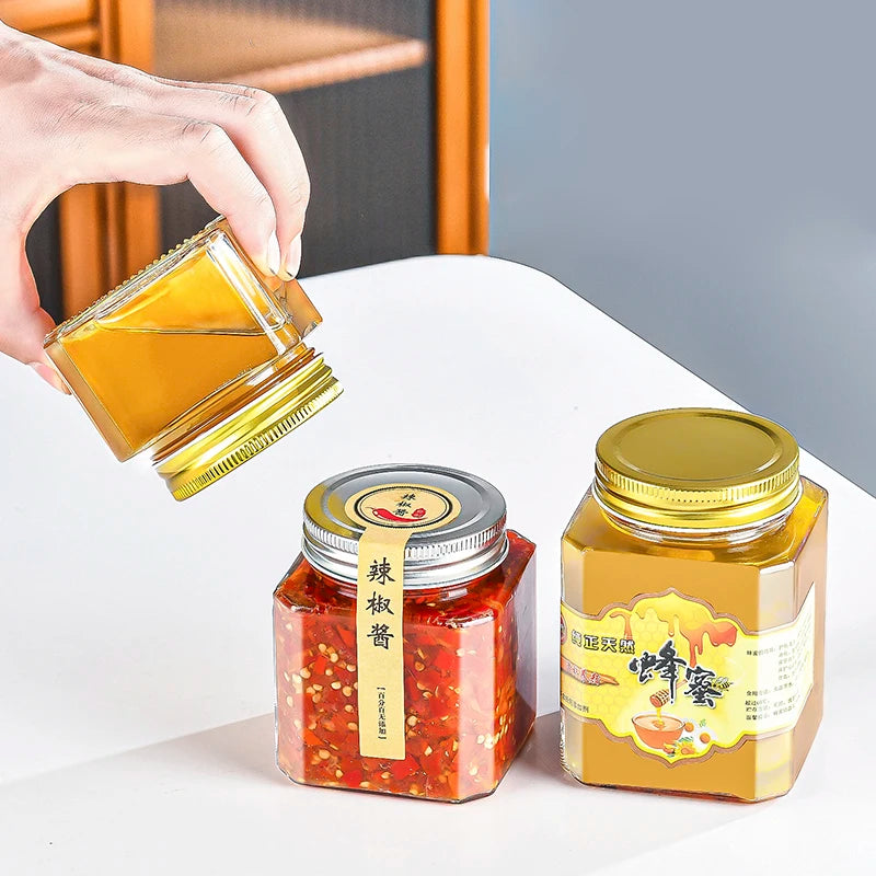 New Product 250ml 380ml 500ml Octagon Shape Glass Honey Bottle/jar Storage Jam Sauce Canned Pickle Glass Jar with Metal Lids