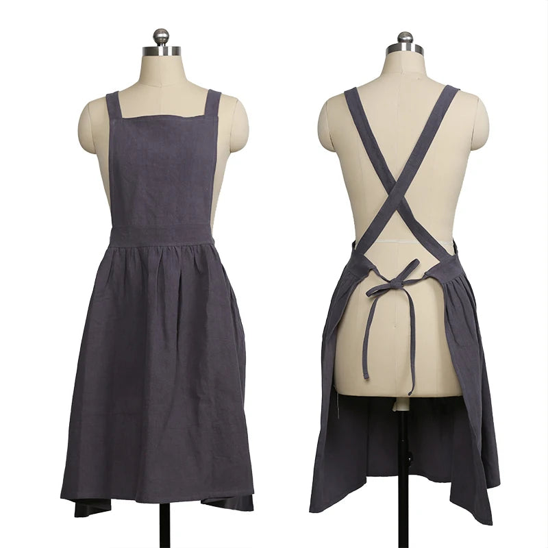 Customizable Material Grey Beige Cross Back Sleeveless Bib Apron with Adjustable Waist Machine Washable & Eco-Friendly