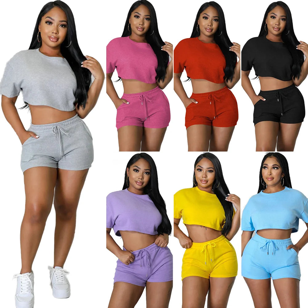 Wholesale Women Two Piece Summer Biker Shorts Sets Custom logo Blank Casual Crop Top Shirt Short Ladies Outfits ODM OEM