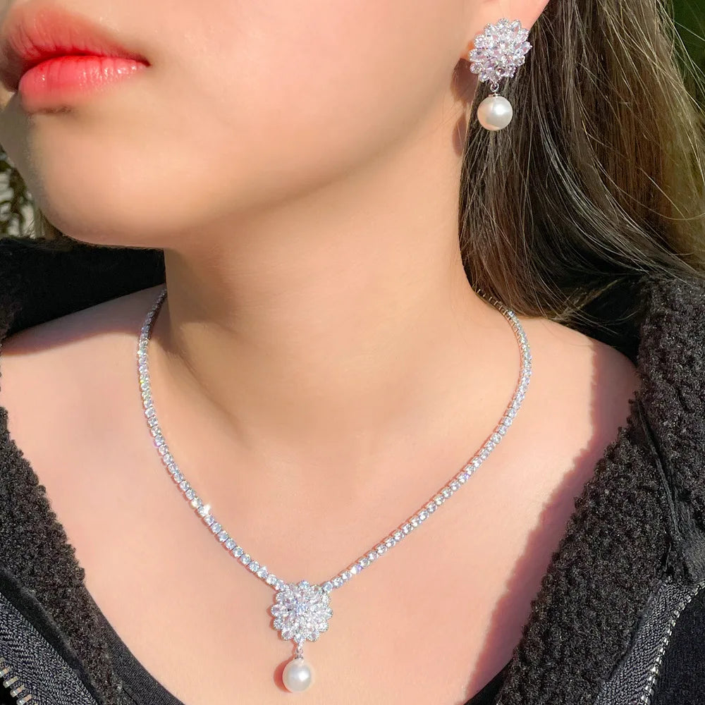 Gorgeous Cubic Zirconia Flower Drop Women Wedding Party Pearl Necklace Earrings Fashion Bridal Jewelry Sets Gift