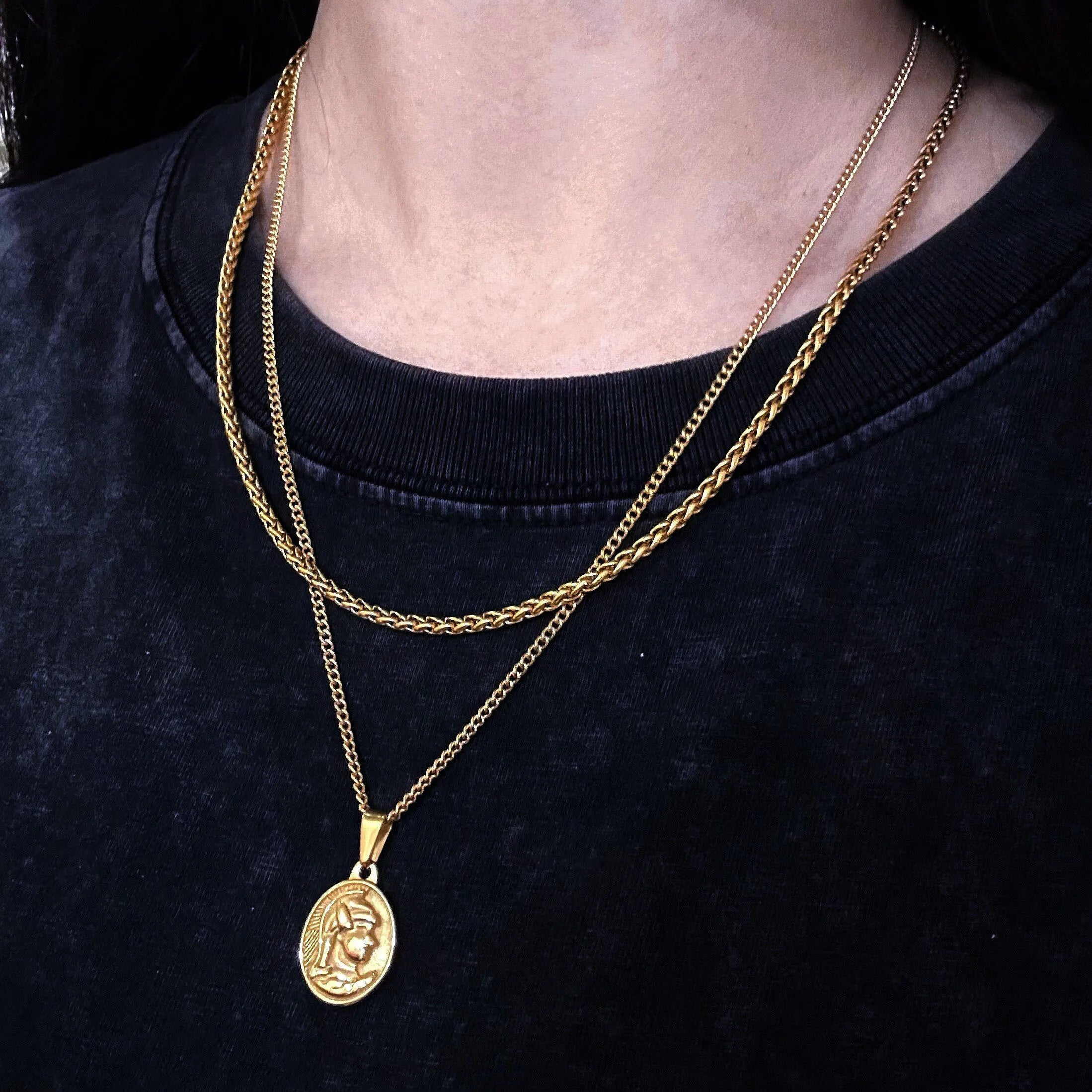 New 18k Gold Plated Greek Round Roman Centurion Pendant Necklace Double Layer Stainless Steel Necklace Jewelry Set for Men Women