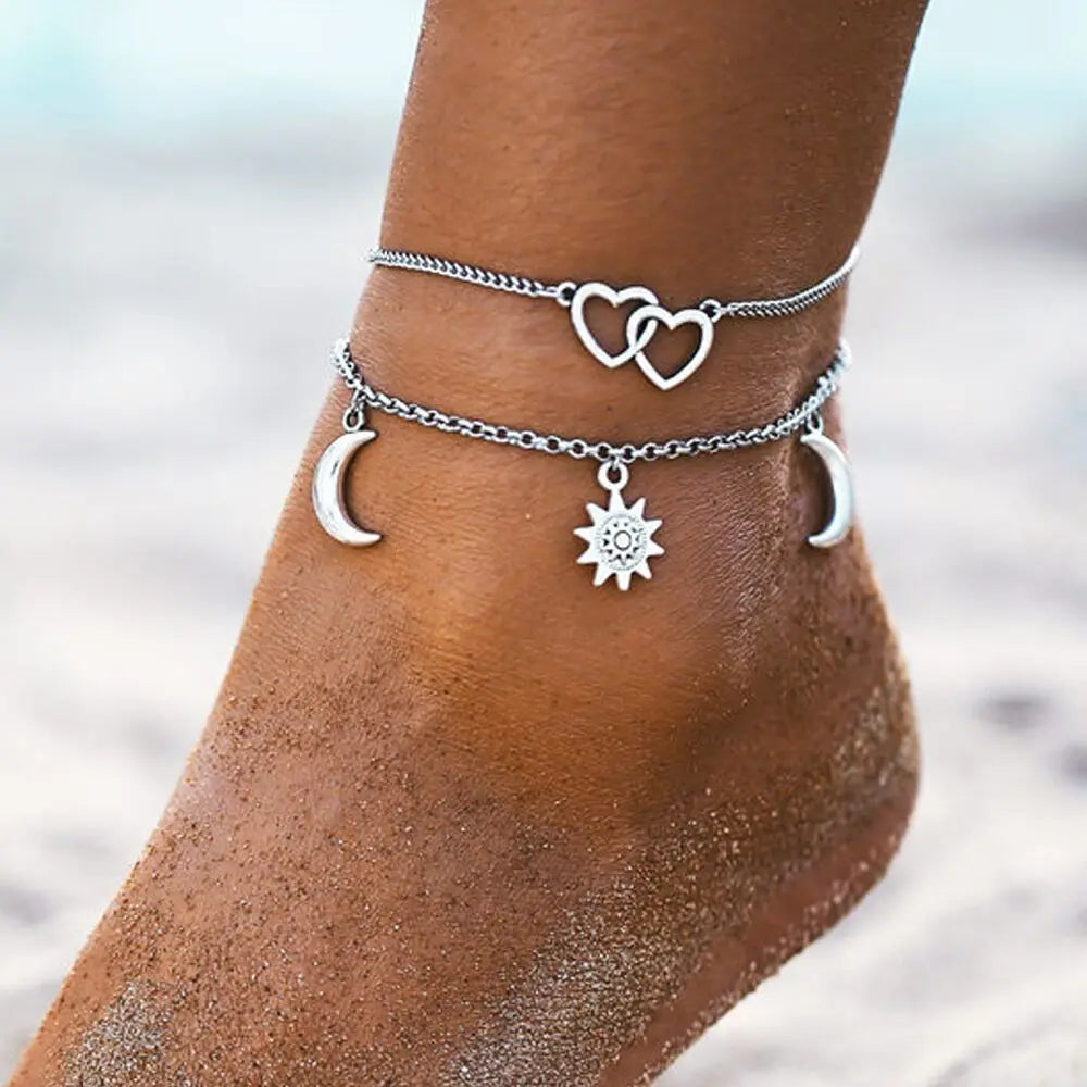 Cross-border Sun Love Crescent Simple Style Beach Silver Metal Chain Anklet