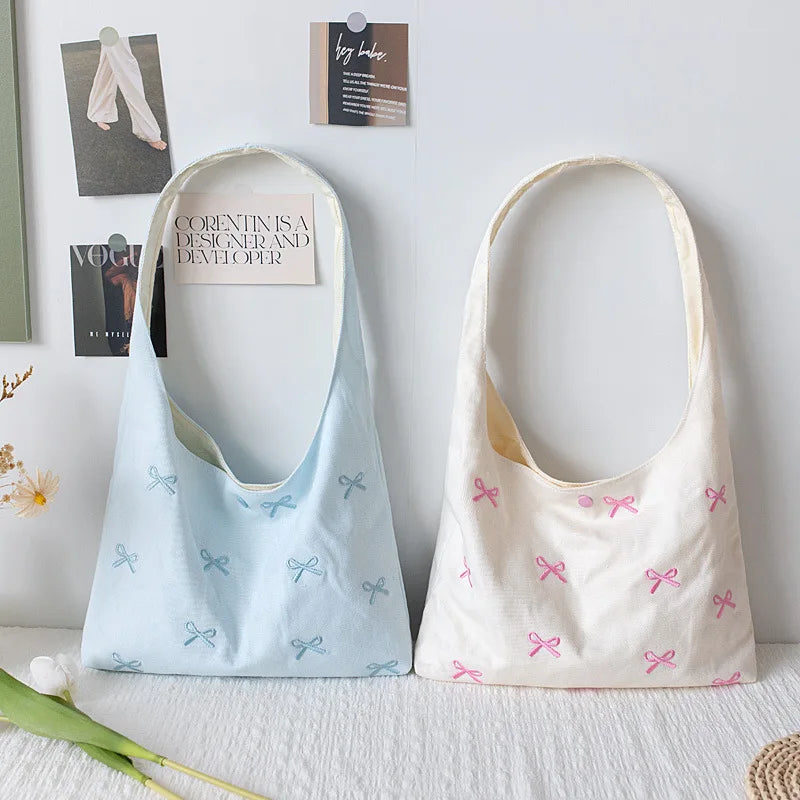 Cute Bow Embroidery Fabric Hobo Bags Set - Light Blue & Cream Casual Shoulder Totefor Children/ Women