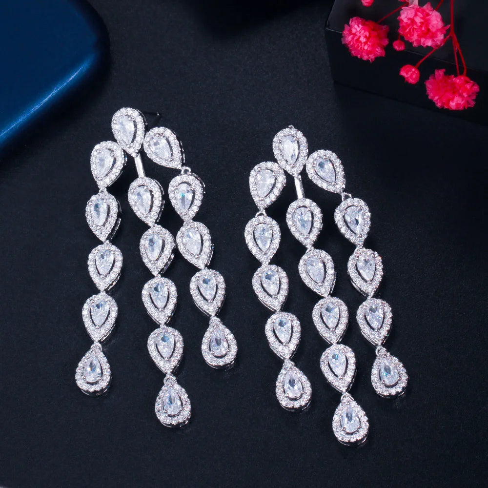 Luxury Designer Dangly Tassel Drop Pink Cubic Zirconia Crystal Long Earrings for Women Wedding Party Jewelry