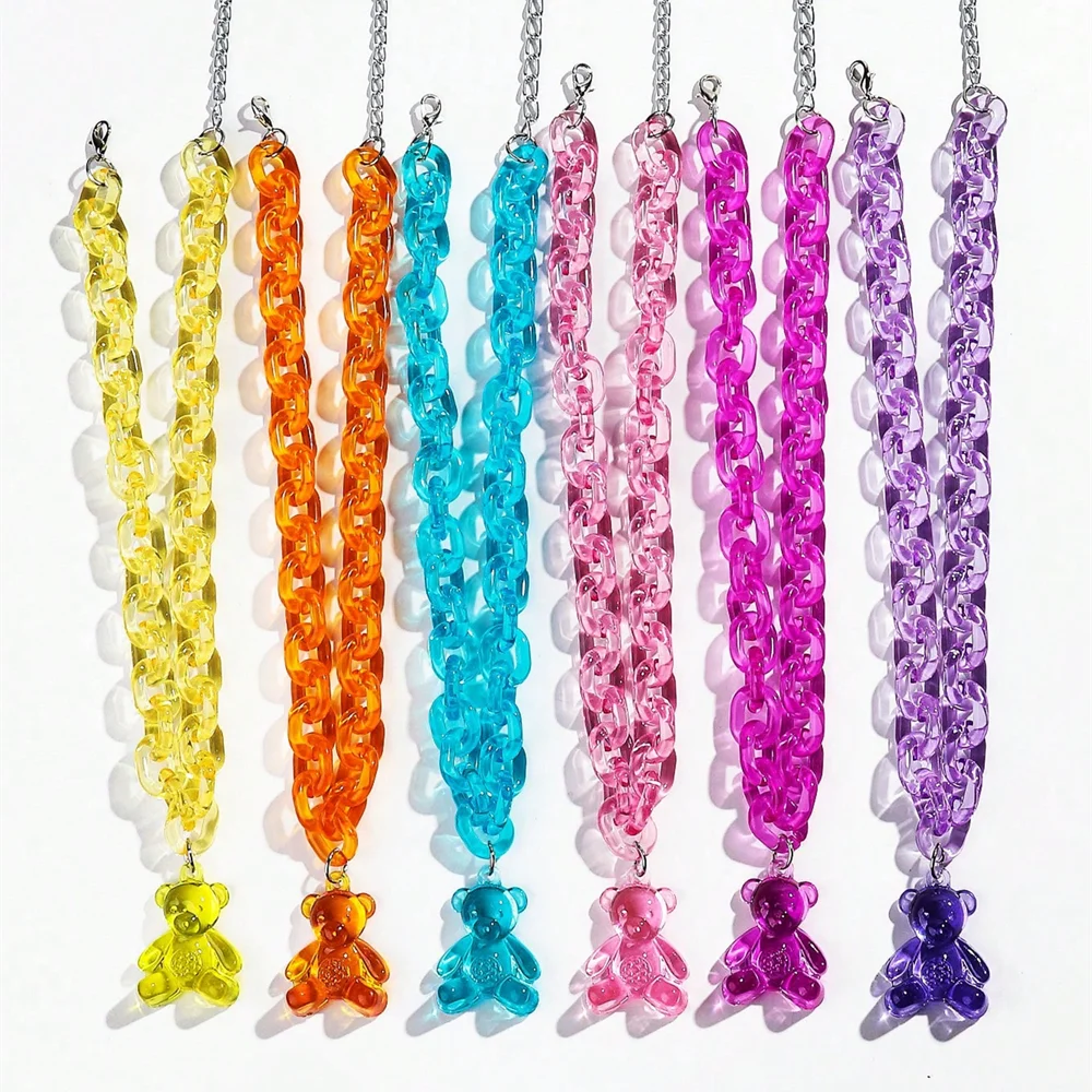 Ins 2024 Simple Chunky Collarbone Chain Cute Girl Jewelry Fashion Transparent Bear Pendant Color Acrylic Pendant Necklace Gift