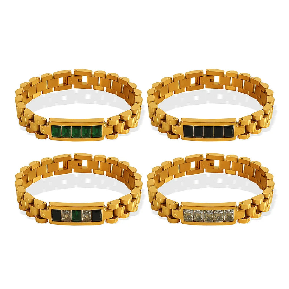 YF3876 Hip Hop Stainless Steel Waterproof Jewelry 18k Gold Plated Thick Chain Colored Zircon Bracelet Hypoallergenicity