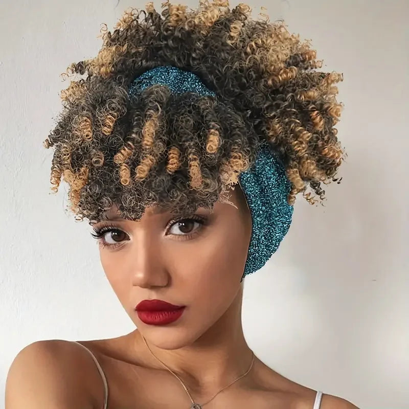 Afro Kinky Curly Headband Wig with Bangs Turban Wig High Puff DesignAdjustable Drawstring Perfect for Music Festivals & Cosplay