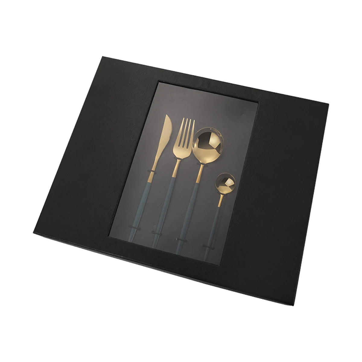 24 Piece Eco-Friendly Modern Luxury Stainless Steel Cutlery Set with Spoon Forks Knives Black Gold Finish for Giveaways