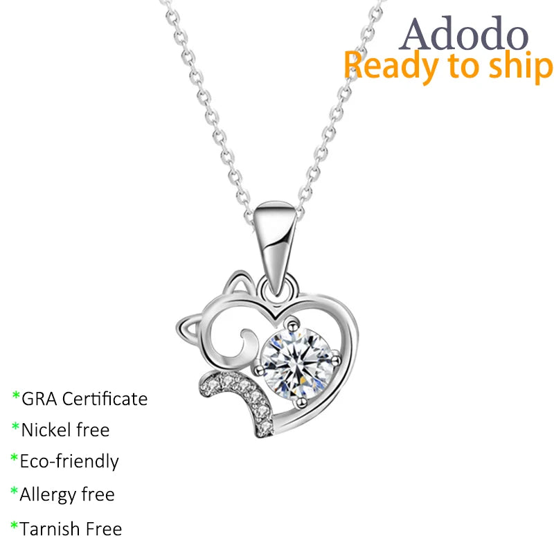 Cute Animal 925 Sterling Silver Girls Lucky Cat Necklace Dainty VVS D GRA 0.5ct Round Cut Moissanite Jewelry for Birthday Gift