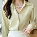 Two Version Button up Satin Silk Shirt Vintage Blouse White Lady Long Sleeve Loose Street Shirts Solid Color Turn-down Collar