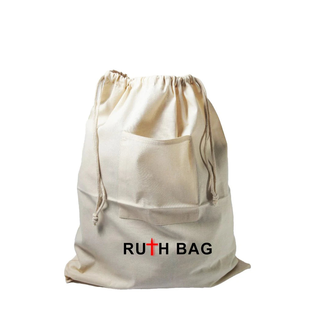 Ruthbag Home Use Drawstring Cotton Laundry Storage Bag Front Pocket Rope Handle Letter Pattern for Clothe Organization Shopping