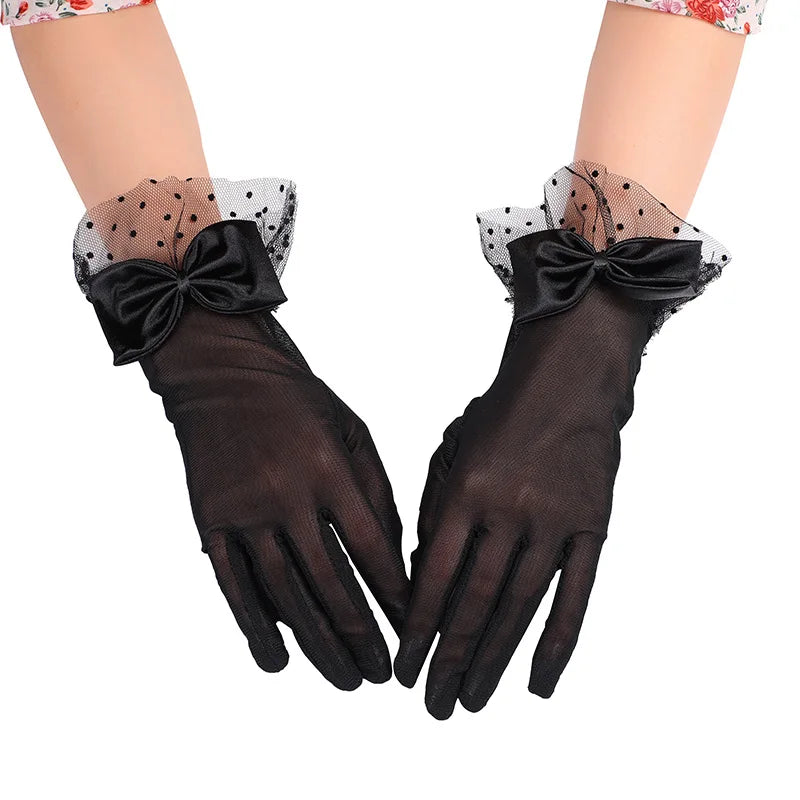 Fashion Bridal Evening Gloves Elegant Women Lolita Princess Style Polka Dot Mesh Black Lace Creative Bow Gloves