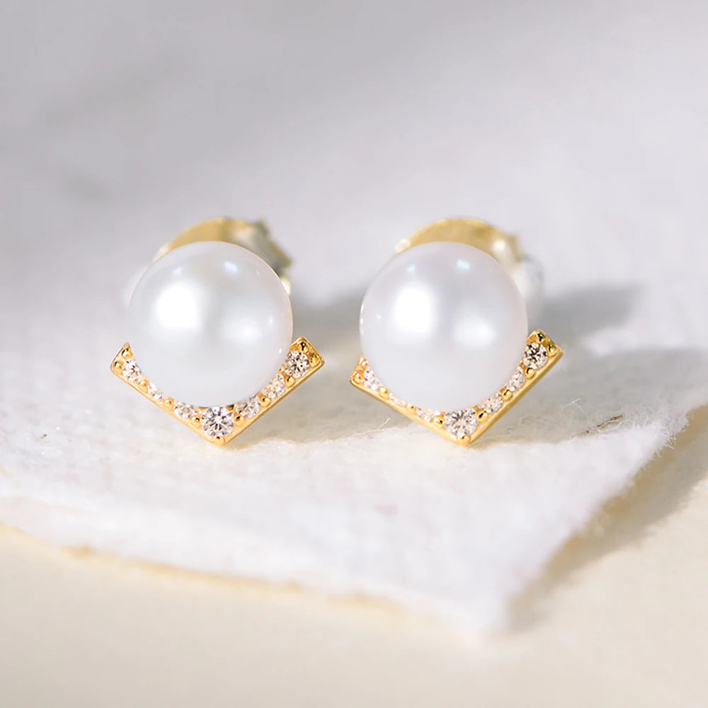 French Retro Romantic 6mm Pearl Mini Fine Earrings 925 Sterling Silver Rhodium Plated Cubic Zirconia Fine Jewelry
