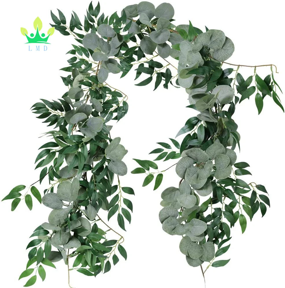 5.9' L Mixed Faux Silver Dollar Eucalyptus Artificial Willow Vines Twigs Leaves Garland String Wedding Arch Swag Backdrop