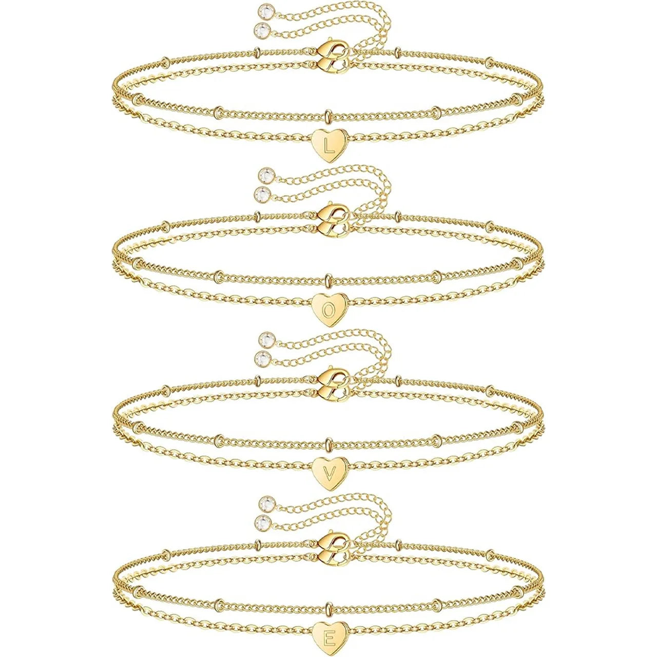 26 Letter Jewelry Stainless Steel Bracelet Gold Initial Letter Engraved Heart Charm Bracelet Multi Layered with Zircon Diamond
