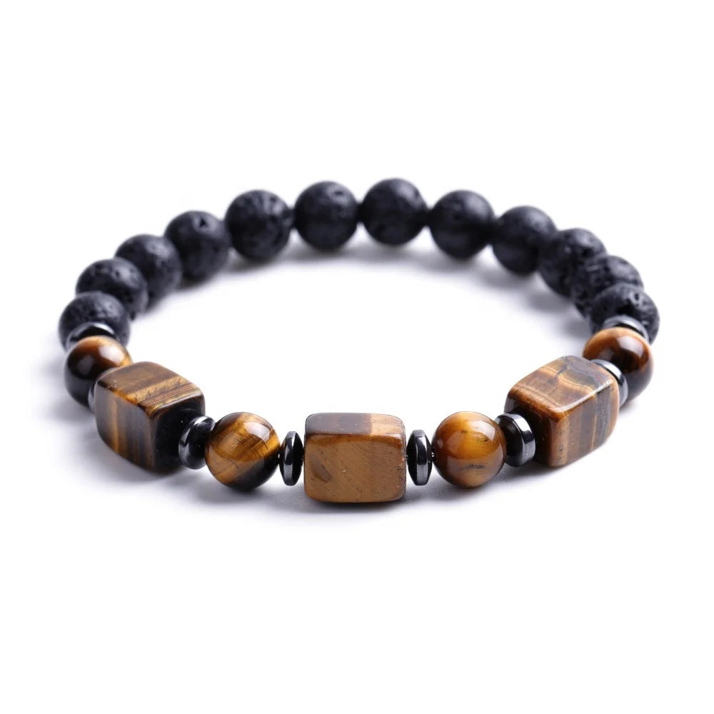 New Square Tiger Eye Amethyst Bracelet Natural Lava Healing Gem Stone Oil Diffuser Bracelet Elastic Lucky Genuine Stone Bracelet