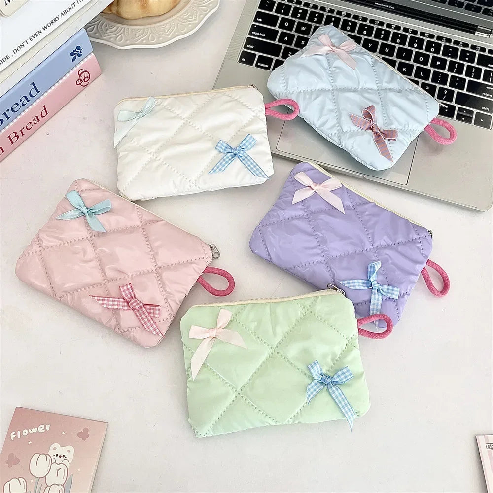 Sweet Bow Women's Cosmetic Bags Portable Tote Small Square Ladies Storage Makeup Bag Quilted Handbags Female Clutch Purse Pouch
