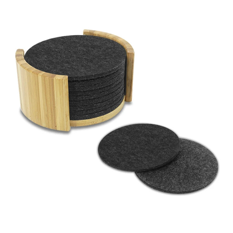 Absorbable Eco-Friendly Round Dark Grey Set of 10 Felt Drink Tea Coasters with Holder Country Style