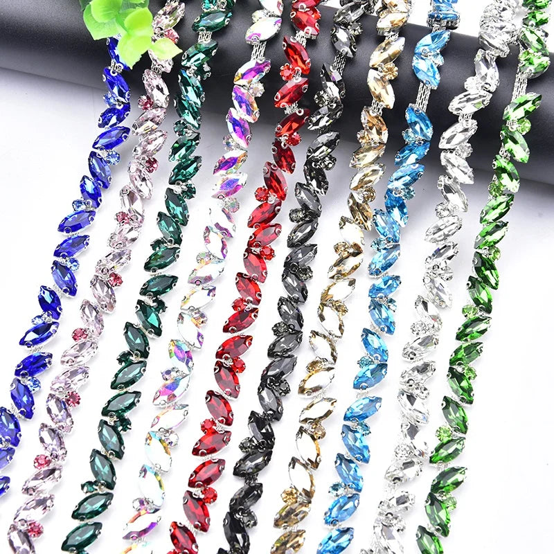 1cm Silver Plated Metal Horse Eye Shape Crystal Chain Bling Rhinestone Trim Sew on Dress Sash Belt Garment Shoes Accessories