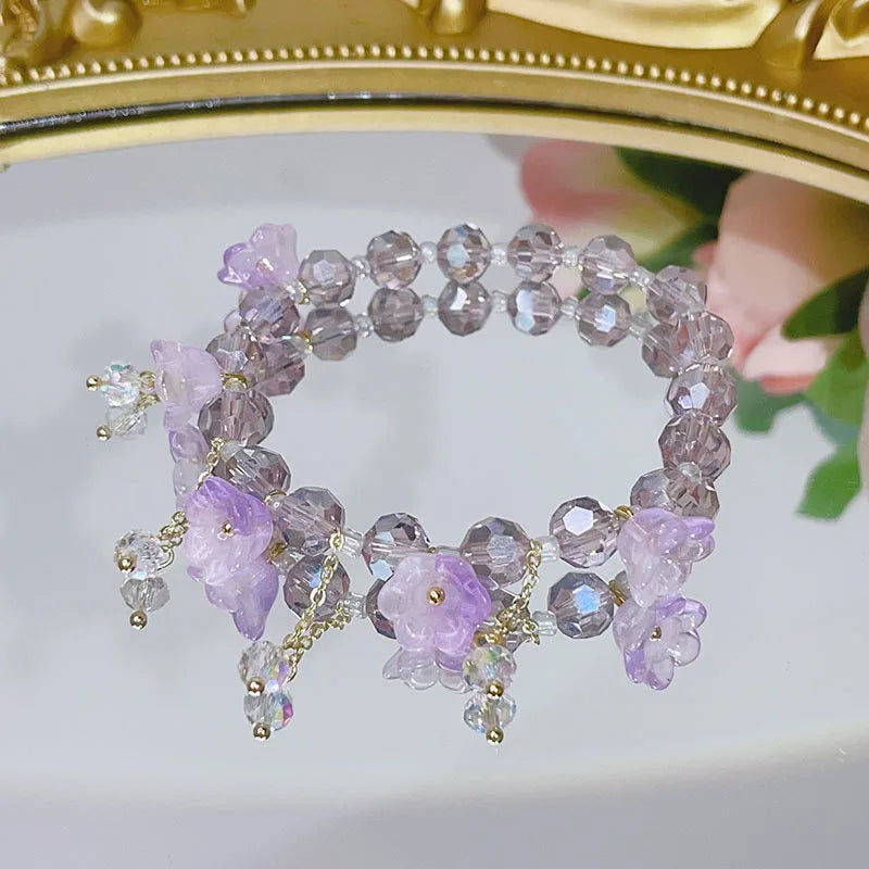 Colorful World ~ Glass Flower Crystal Beaded Bracelet Beautiful Convallaria Tassel Charm Bracelets for Women Gift Jewelry