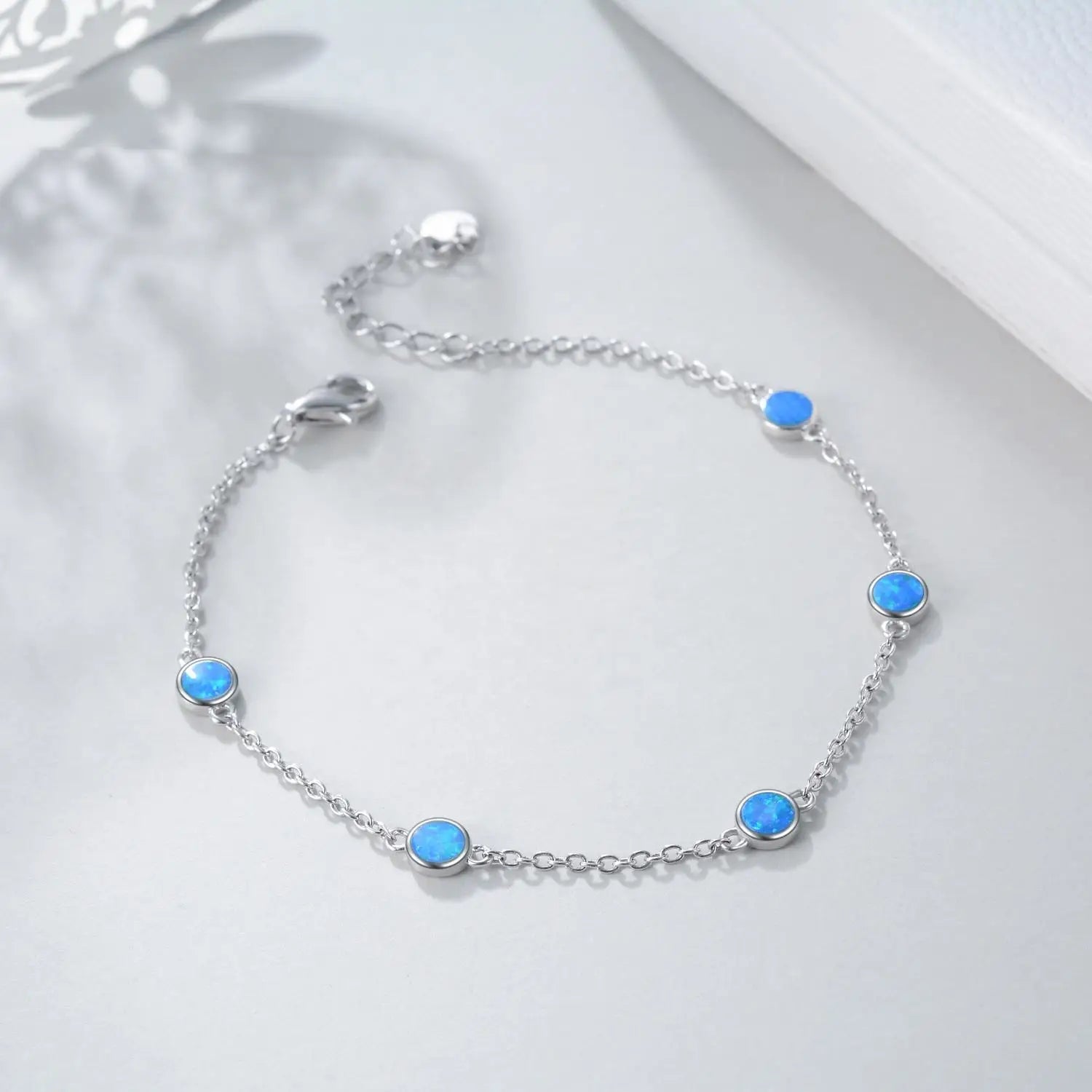 Fine Jewelry S925 Sterling Silver Adjustable Round Blue Opal Chain Bracelet for Women